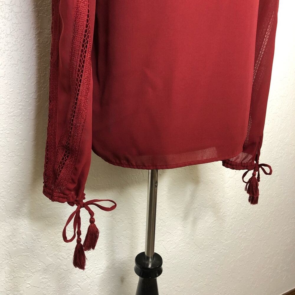 Rebecca Minkoff dark red lace ruffle trim tie sleeve top size Large feminine - Picture 14 of 16